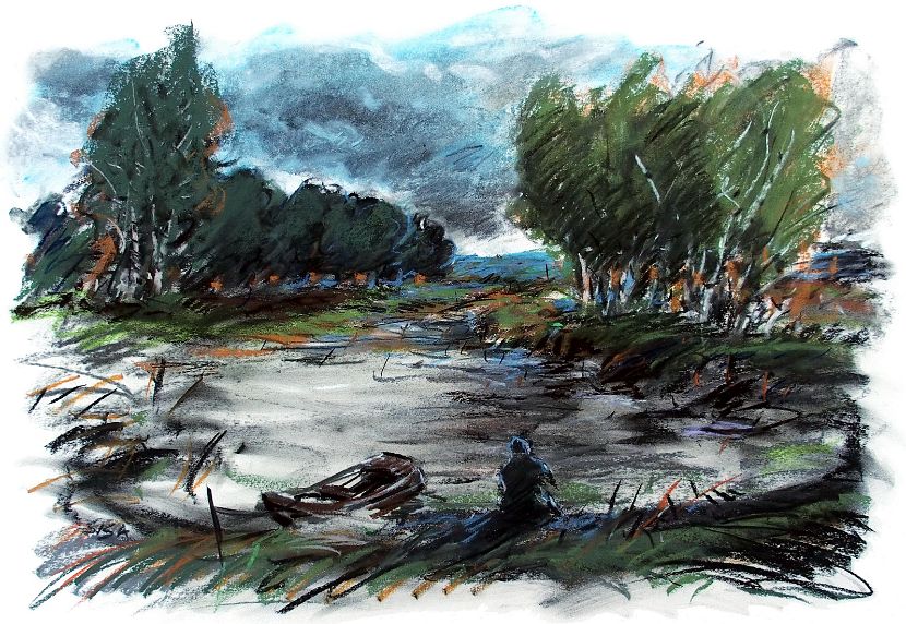 AM TEICH, Kreide, 50 x 70 cm